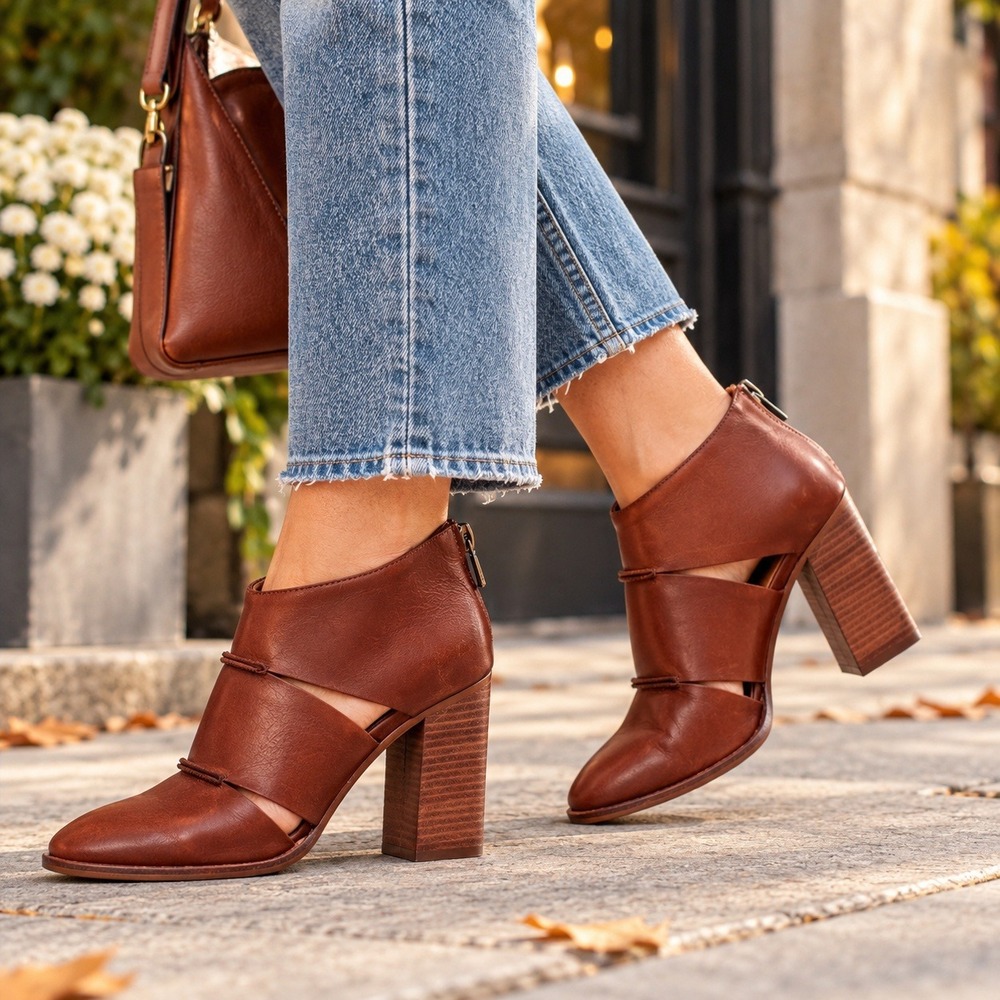 Madewell English Saddle Brown Leather Cut-Out Stacked Block Heel Booties Size 37
